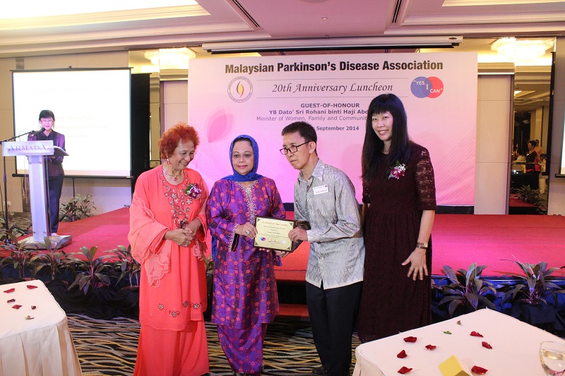 Founding member of the Malaysian Parkinson's Disease Association Leong Chung Thad (second from right) being honoured on the 20th anniversary of the founding of the association. – Pic courtesy of Anthony SB Thanasayan, September 21, 2014.