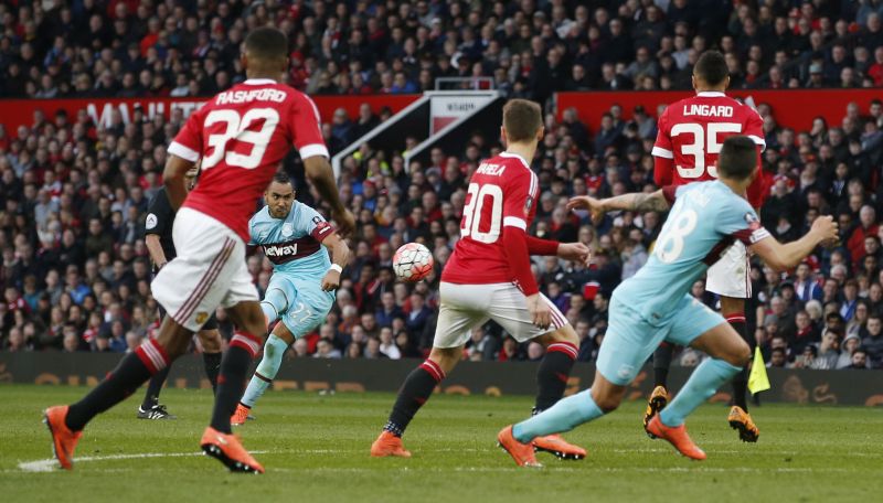 Dimitri Payet scores the first goal for West Ham from a free kick in the Manchester United v West Ham United FA Cup quarter final at Old Trafford. – Reuters, March 14, 2016. 