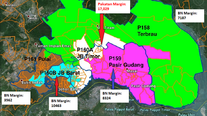 Map 2: Possible redelineation of Greater Johor Baru into five parliamentary constituencies