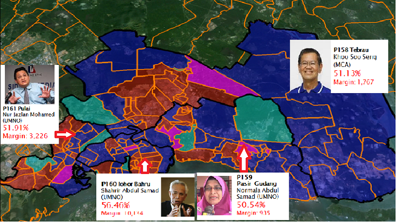 Map 1: the four parliamentary constituencies in Greater Johor Baru won by BN.
