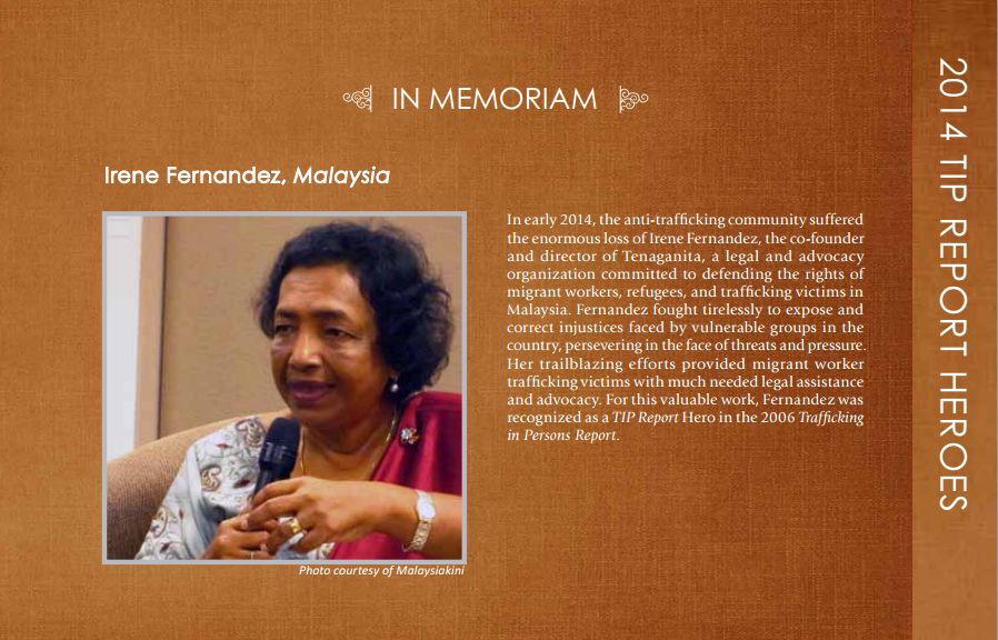 The page dedicated to Irene Fernandez, a Malaysian activist who was devoted to the plight of the immigrants and victims of human trafficking. - Pic courtesy of US State Department website, June 20, 2014.