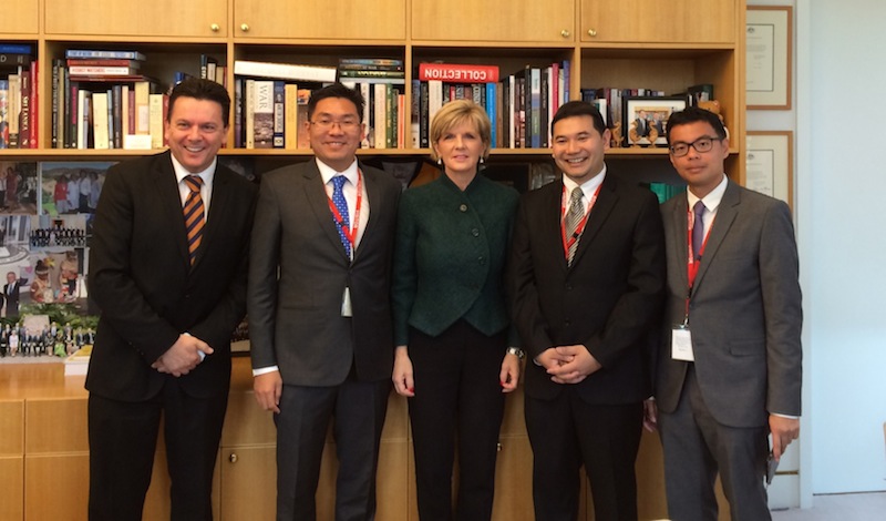 PKR secretary-general Rafizi Ramli (second right) and members of the PKR delegation are seen with Australian Foreign Minister Julie Bishop (centre) and South Australian Senator Nick Xenophon (left). – October 21, 2014.