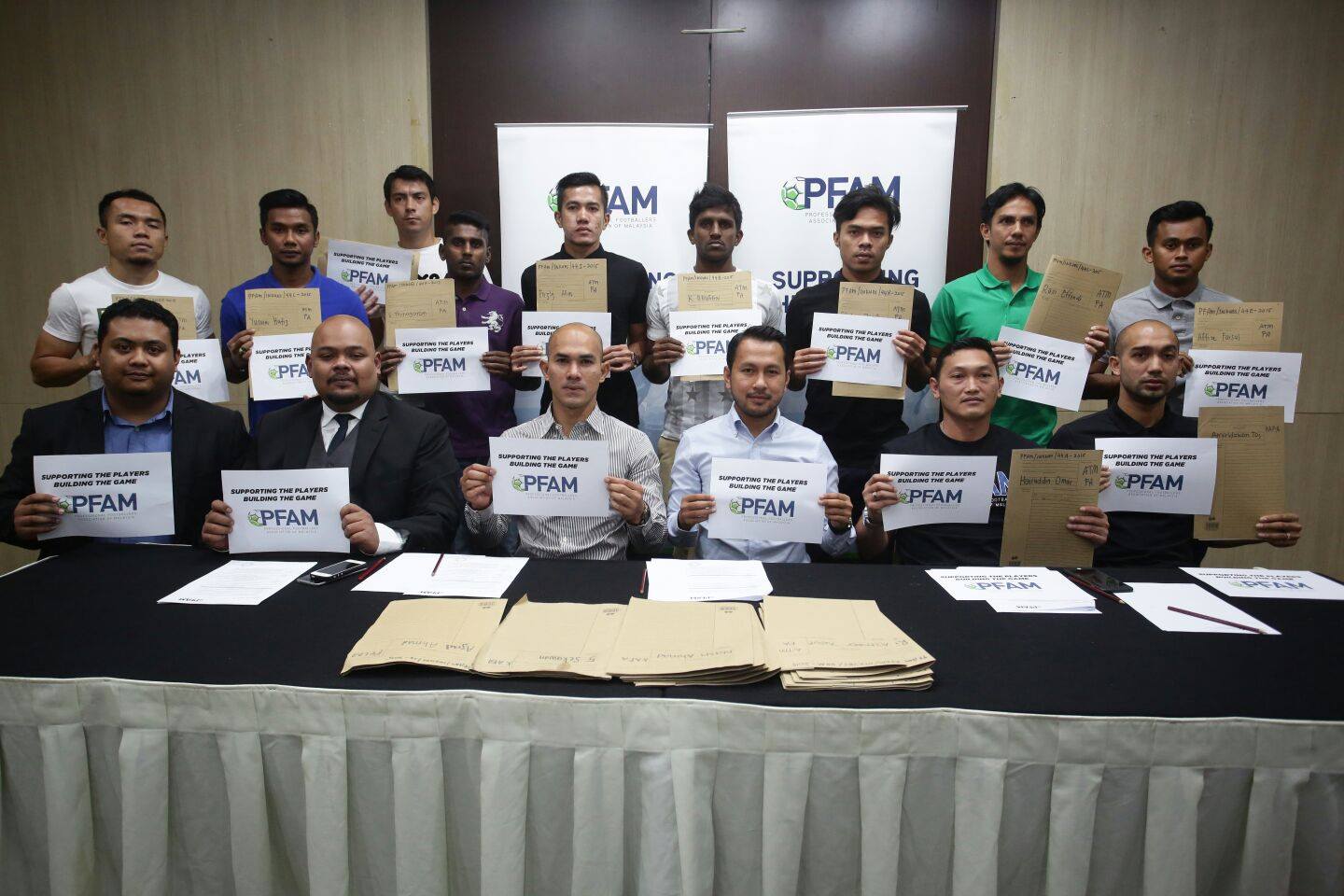 Players at the press conference today to voice out frustration over unpaid salaries. – PFAM Facebook pic, February 9, 2016.