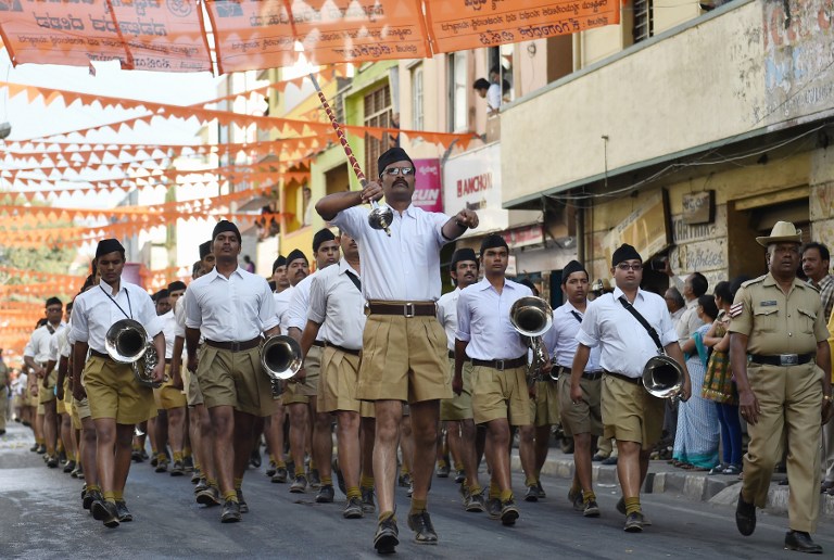This file photo taken on January 9, 2016, shows the band of India's Rashtriya Swayamsevak Sangh (RSS) as they take part in the 'Shrung Ghosh Path Sanchalan' (Route March by Brass Band) by RSS cadets in Bangalore. – AFP pic, March 13, 2016.