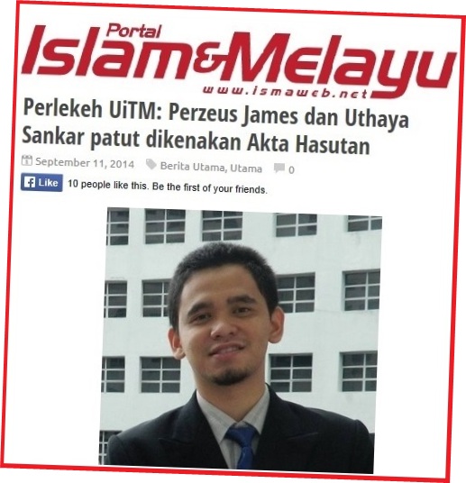 IsmaWeb siarkan reaksi seorang pelajar UiTM terhadap laporan berita di TMI. – Gambar ihsan Uthaya Sankar, 15 September, 2014. 