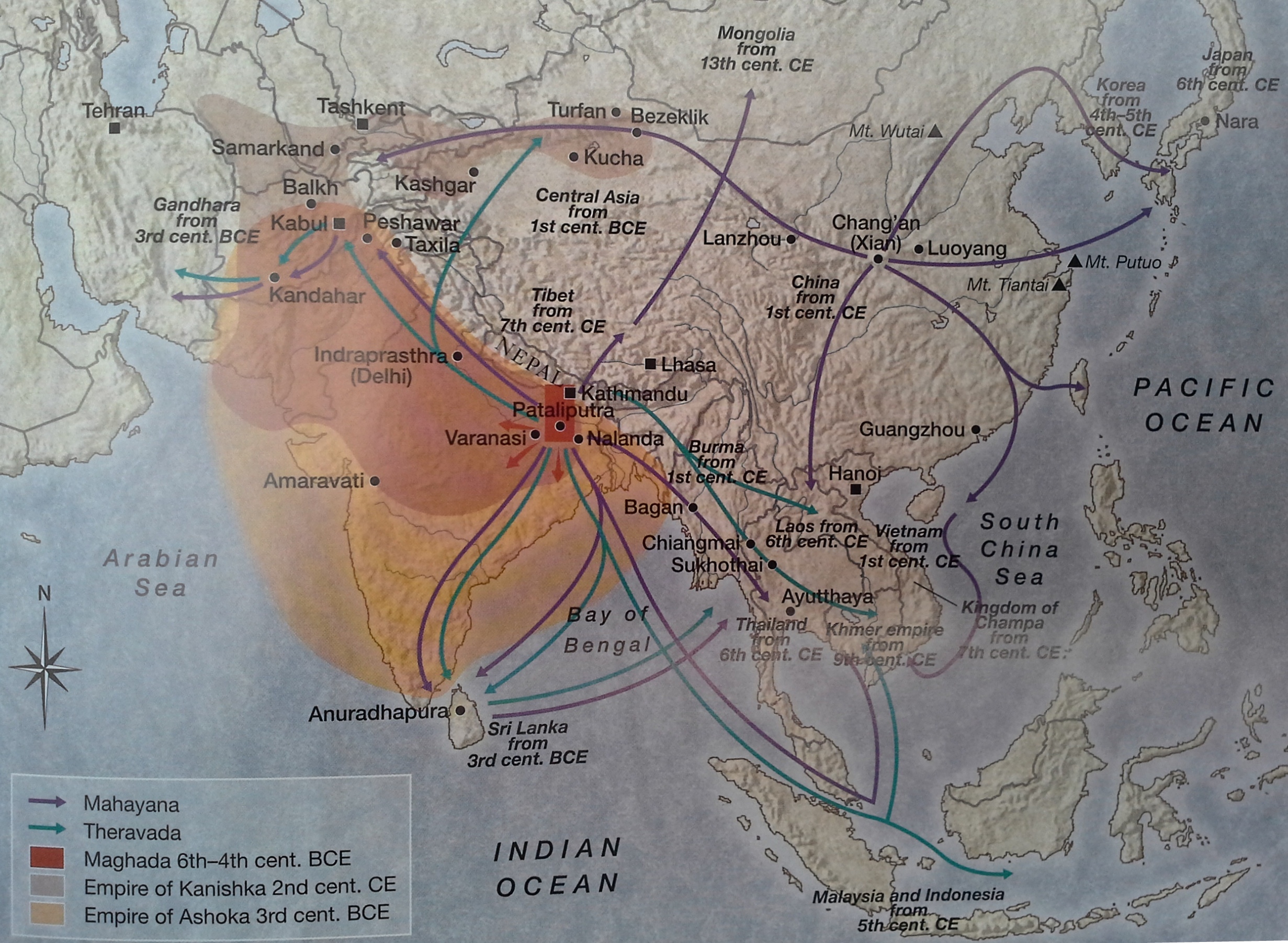 Peta menunjukkan aliran penyebaran Buddha di Asia.