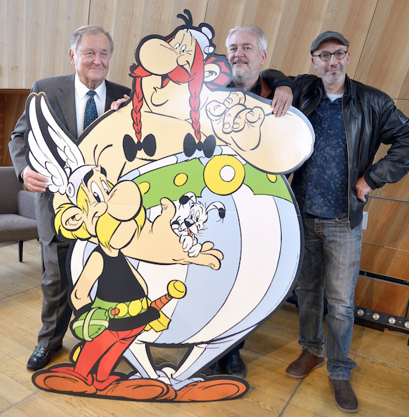 (From left) French cartoonist and author Albert Uderzo, French cartoonist Didier Conrad, and the coauthor of the popular comic book Asterix with Uderzo, writer and designer Jean-Yves Ferri. The 36th edition in Asterix series comes out on October 22. – AFP/Relaxnews pic, October 14, 2015.