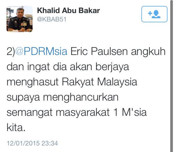 Tweet Ketua Polis Negara, Tan Sri Khalid Abu Bakar yang mengutuk Eric Paulsen.