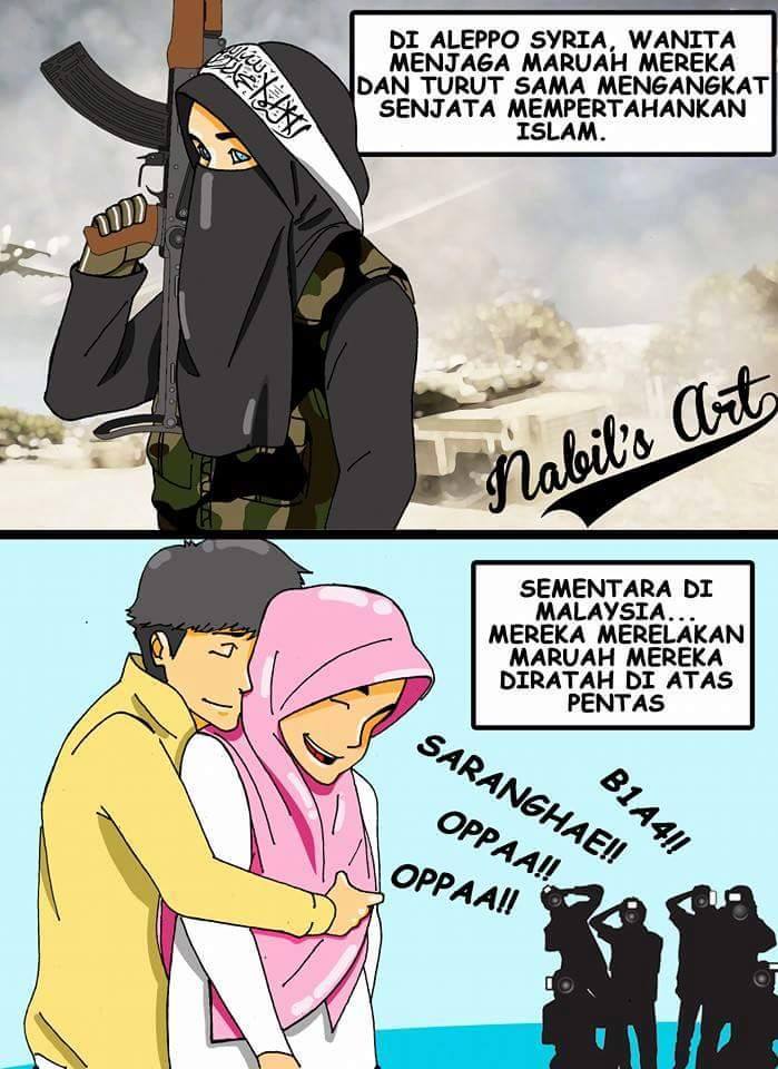 The comic strip in Sukan Star TV's Facebook page which glorifies Muslim women fighters in Syria while mocking fans of a recent K-pop concert. – January 14, 2015.