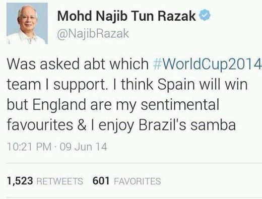 Tweet Najib menyatakan sokongan terhadap pasukan bolasepak ketika Piala Dunia.