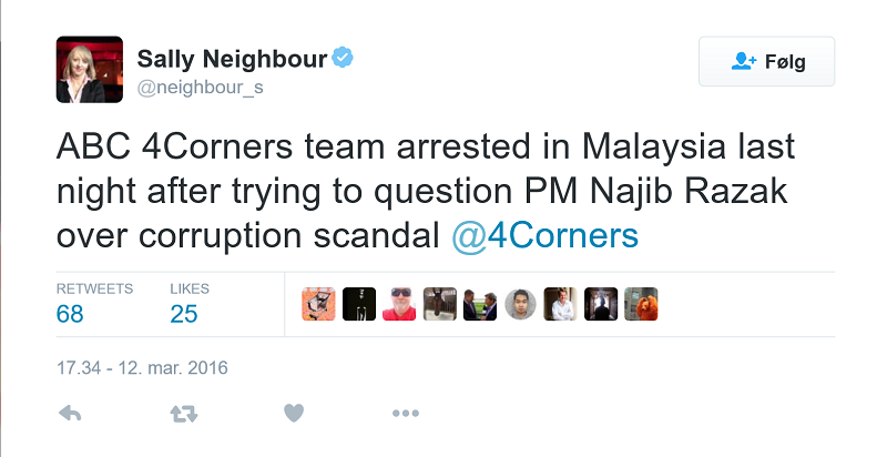 Executive producer of Four Corners, Sally Neighbour, tweeting about the arrest of her colleagues yesterday. – Twitter pic, March 13, 2016. 