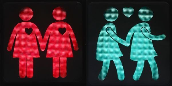 A combination of pictures shows new traffic lights showing female same-sex couples in Vienna. – AFP pic, May 13, 2015.