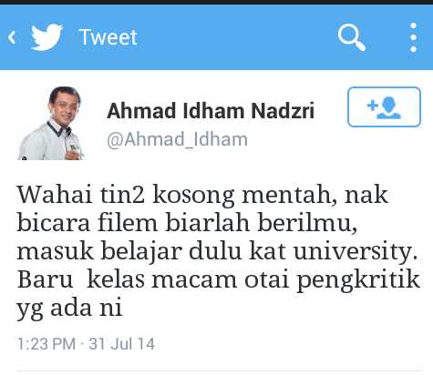 Screenshot status akaunTwitter milik Ahmad Idham yang menggesa pengkritik filem mempunyai ilmu sebelum mengkritik. - Gambar Twitter. 